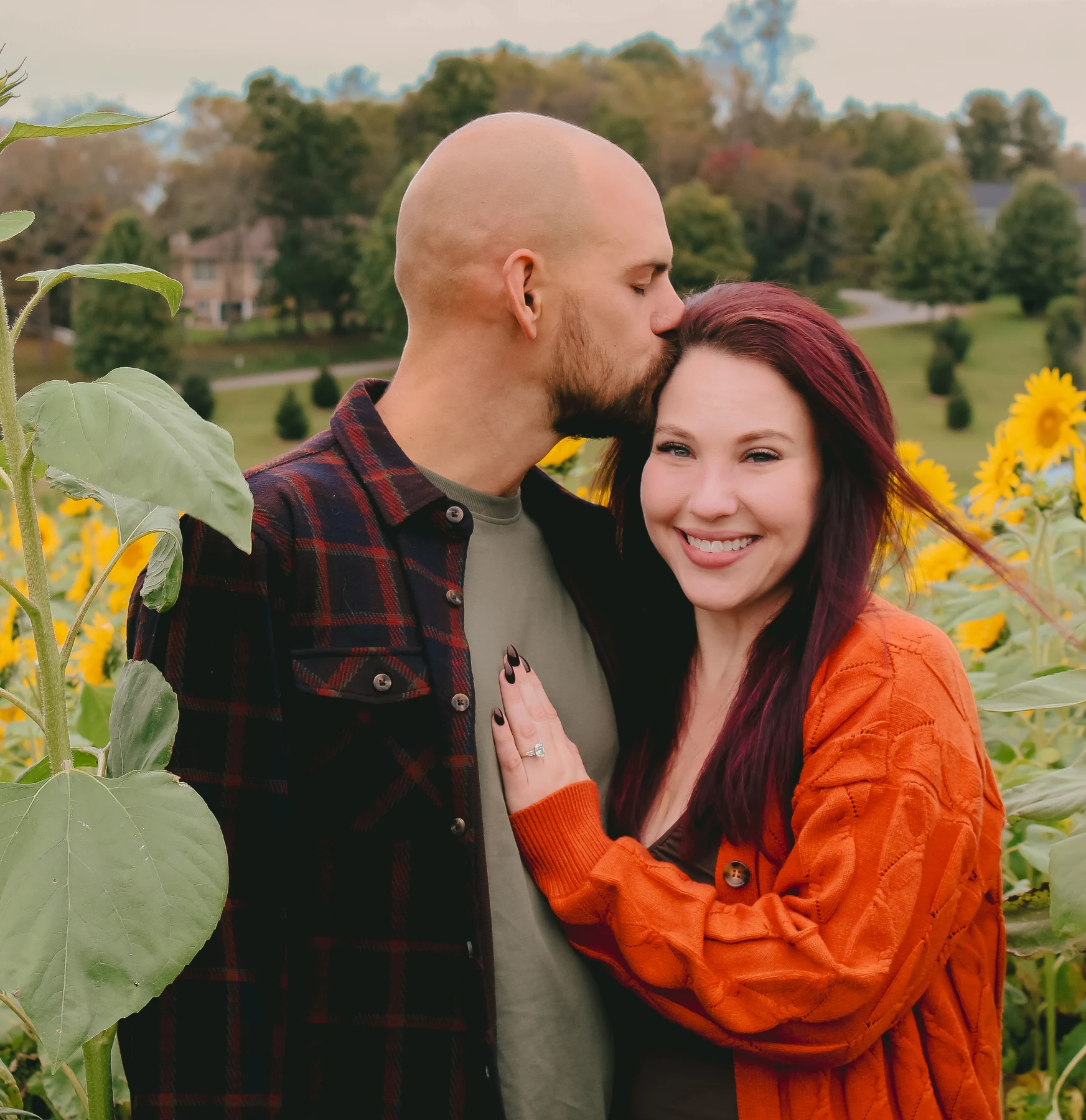 A forehead kiss among sunflowers, with the engagement ring on display