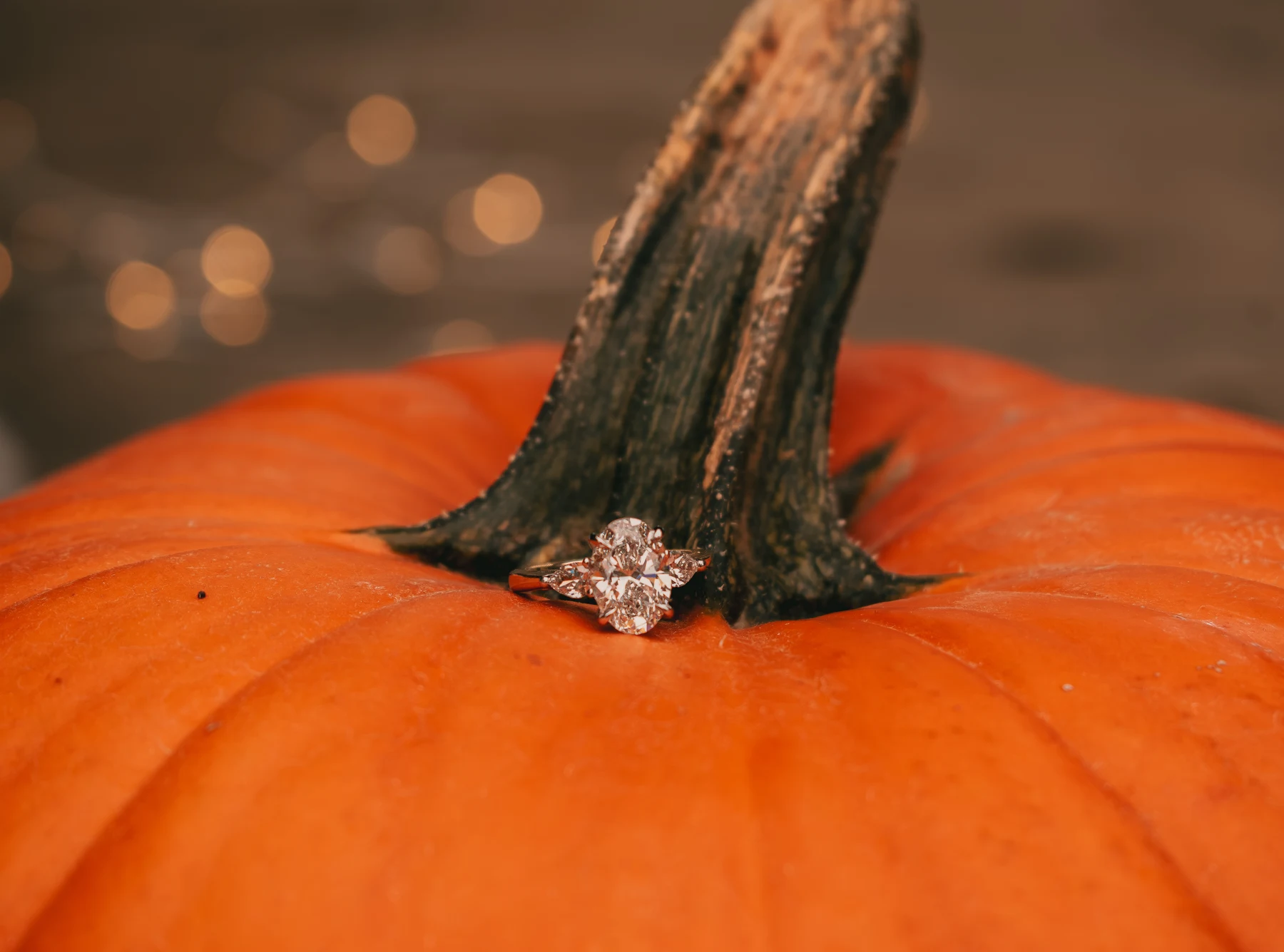Engagement ring beside the stem of an orange pumpkin