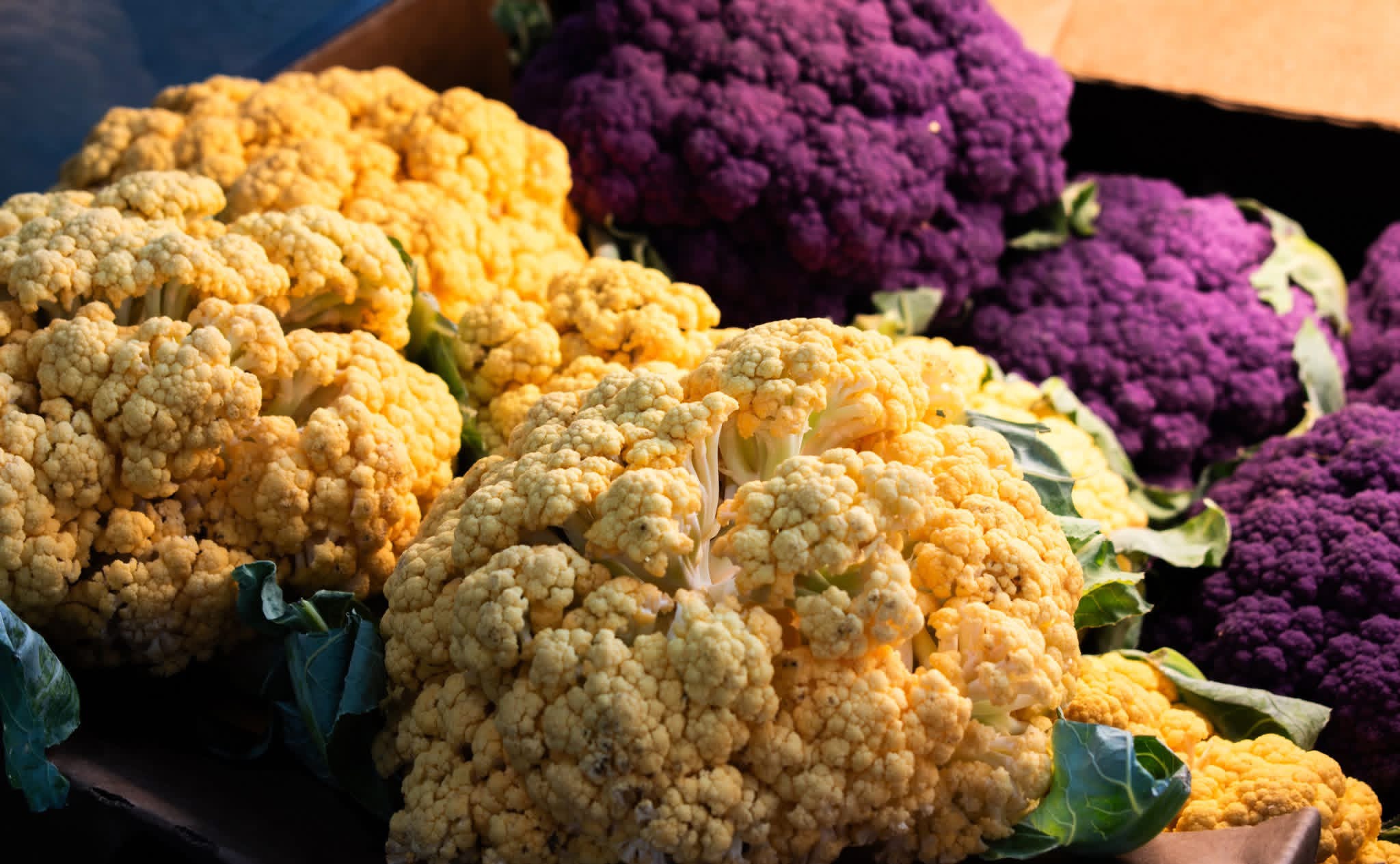 Golden and purple heirloom cauliflower in the fresh produce display