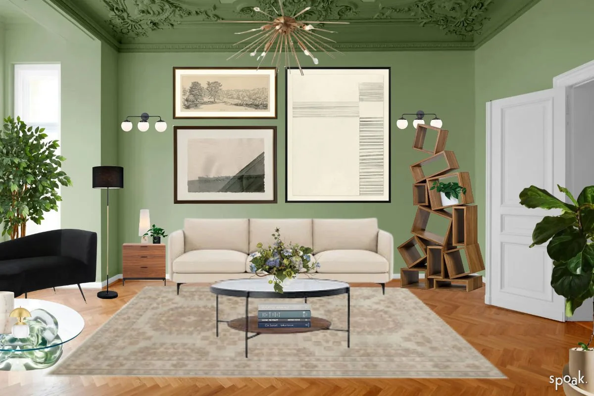 Styled interior room in earthy sage and taupe with natural light