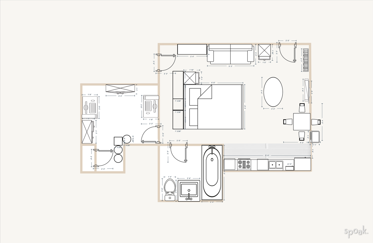Architectural floor plan with furniture layout in a warm neutral palette