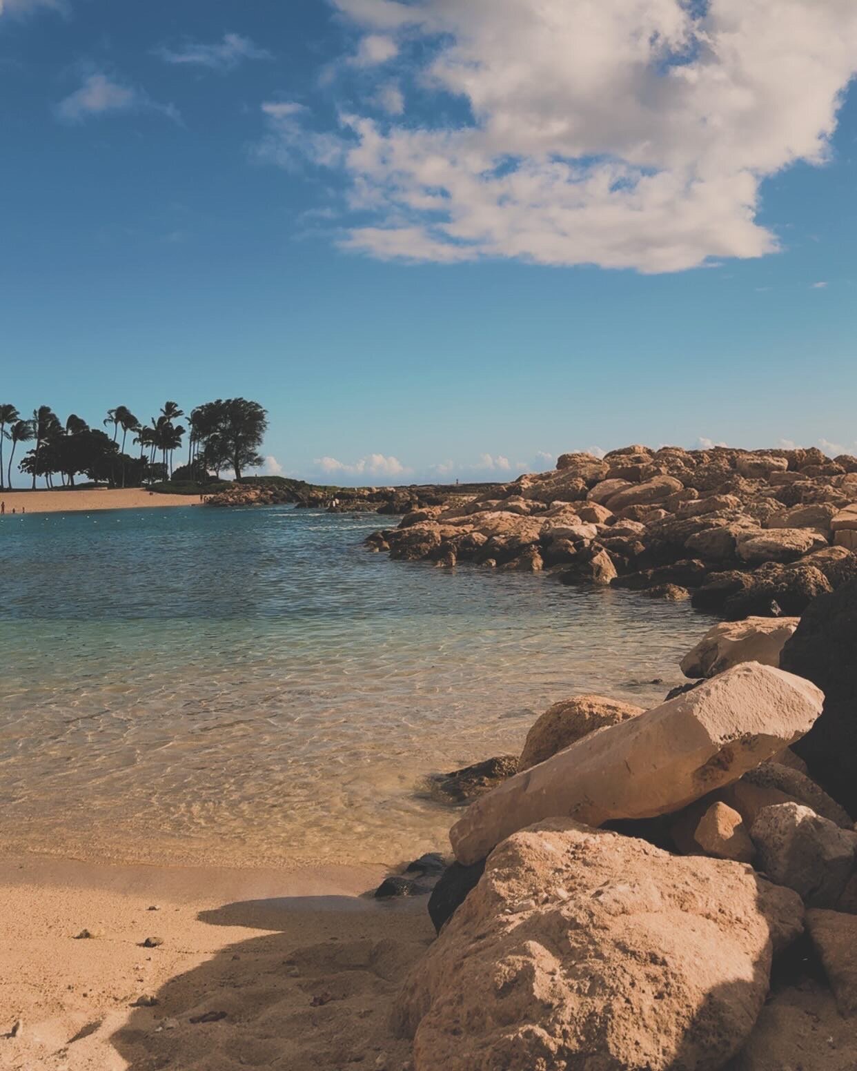 Rocky Hawaiian beach cove with turquoise water and distant palms