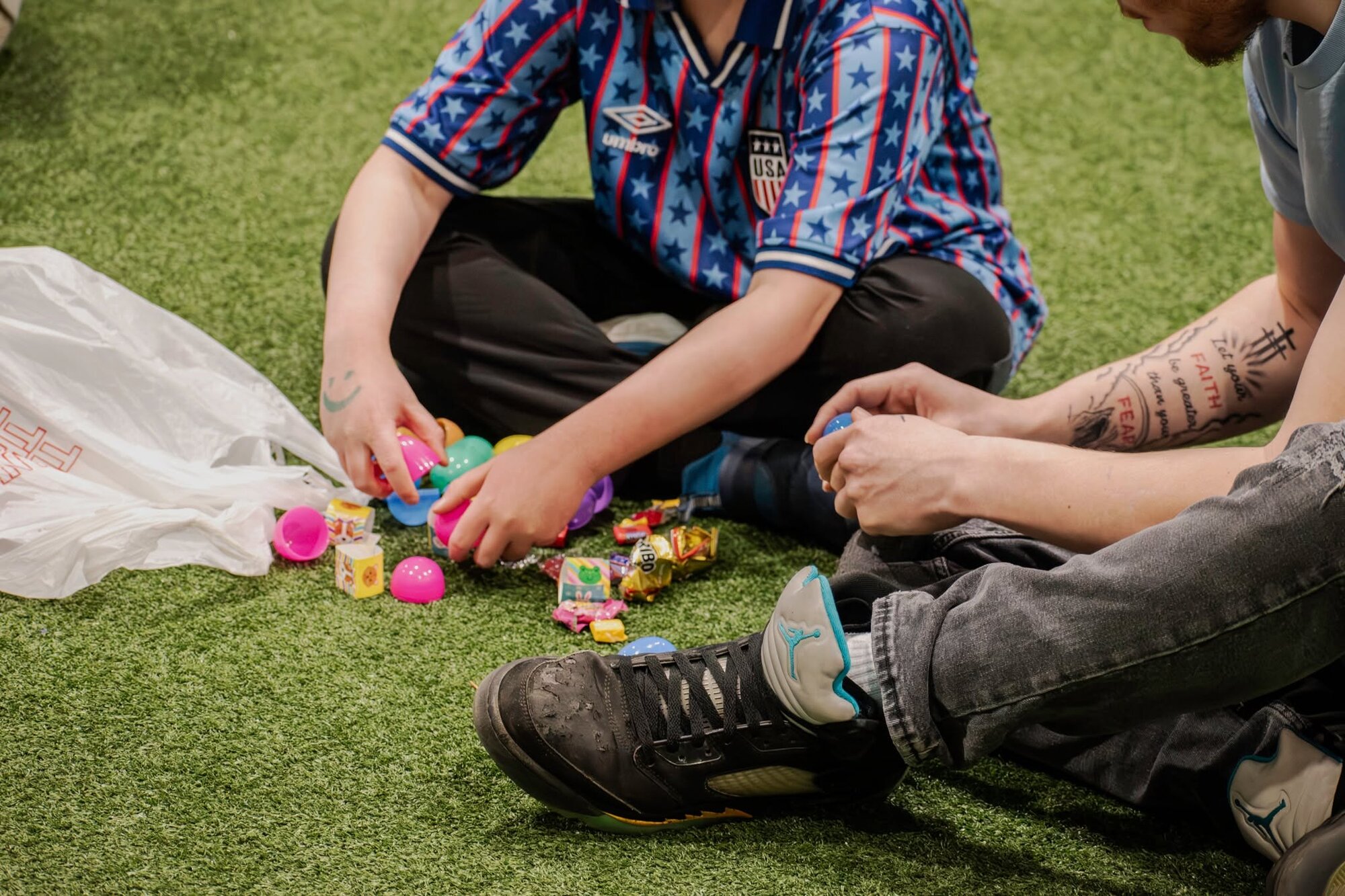 Hands-on team activity with colorful game pieces