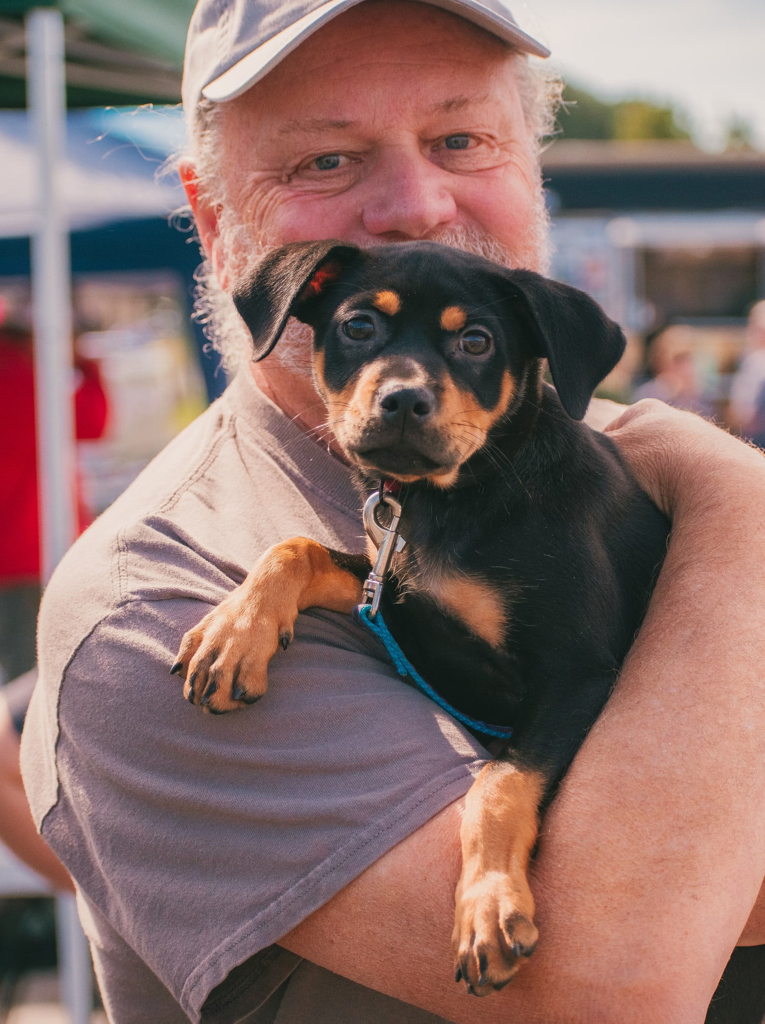An adult attendee holding a black-and-tan puppy at Grove City Agway 2026 Petfest