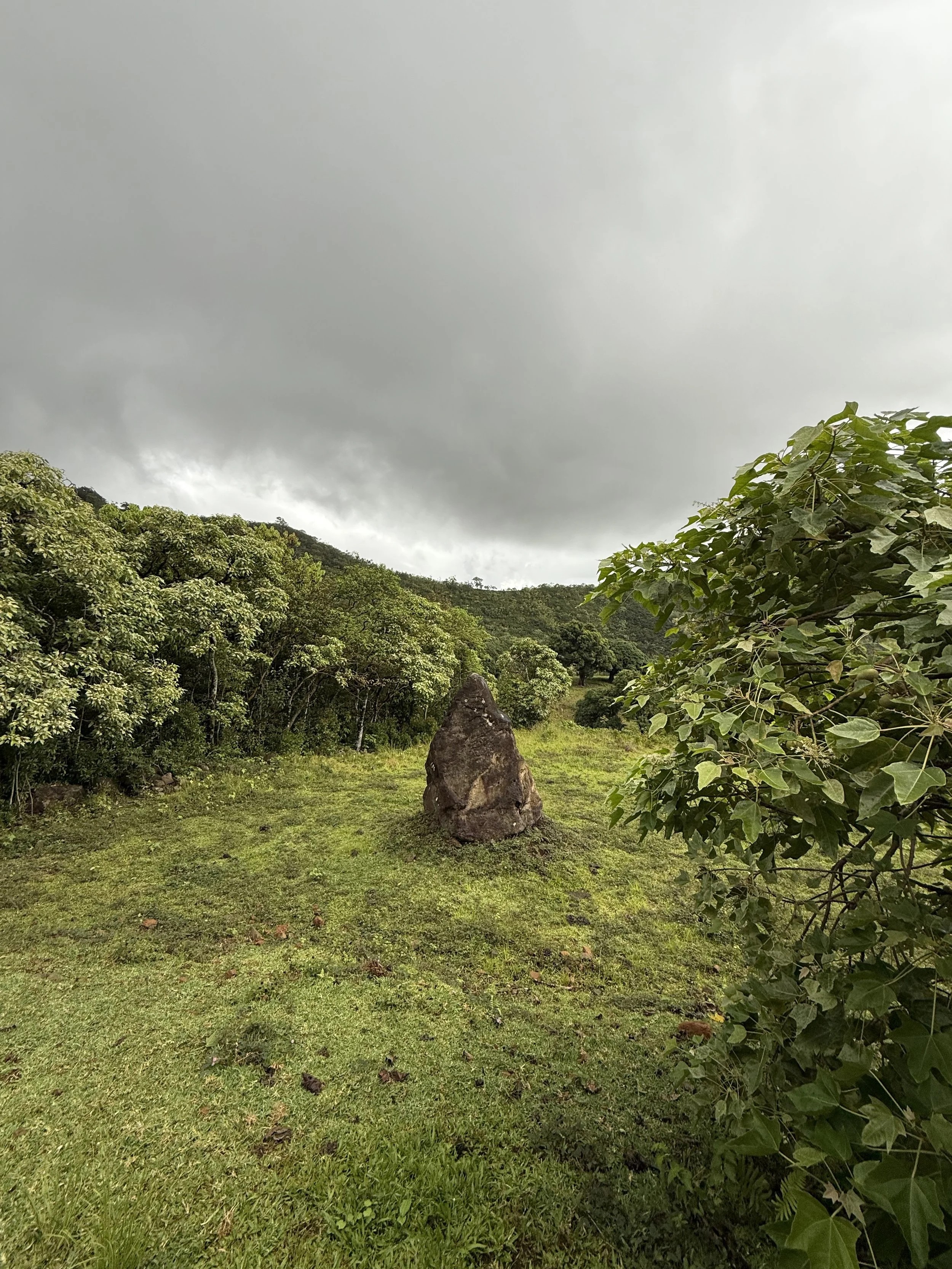 Lone standing stone in tropical green Hawaiian valley under cloudy sky