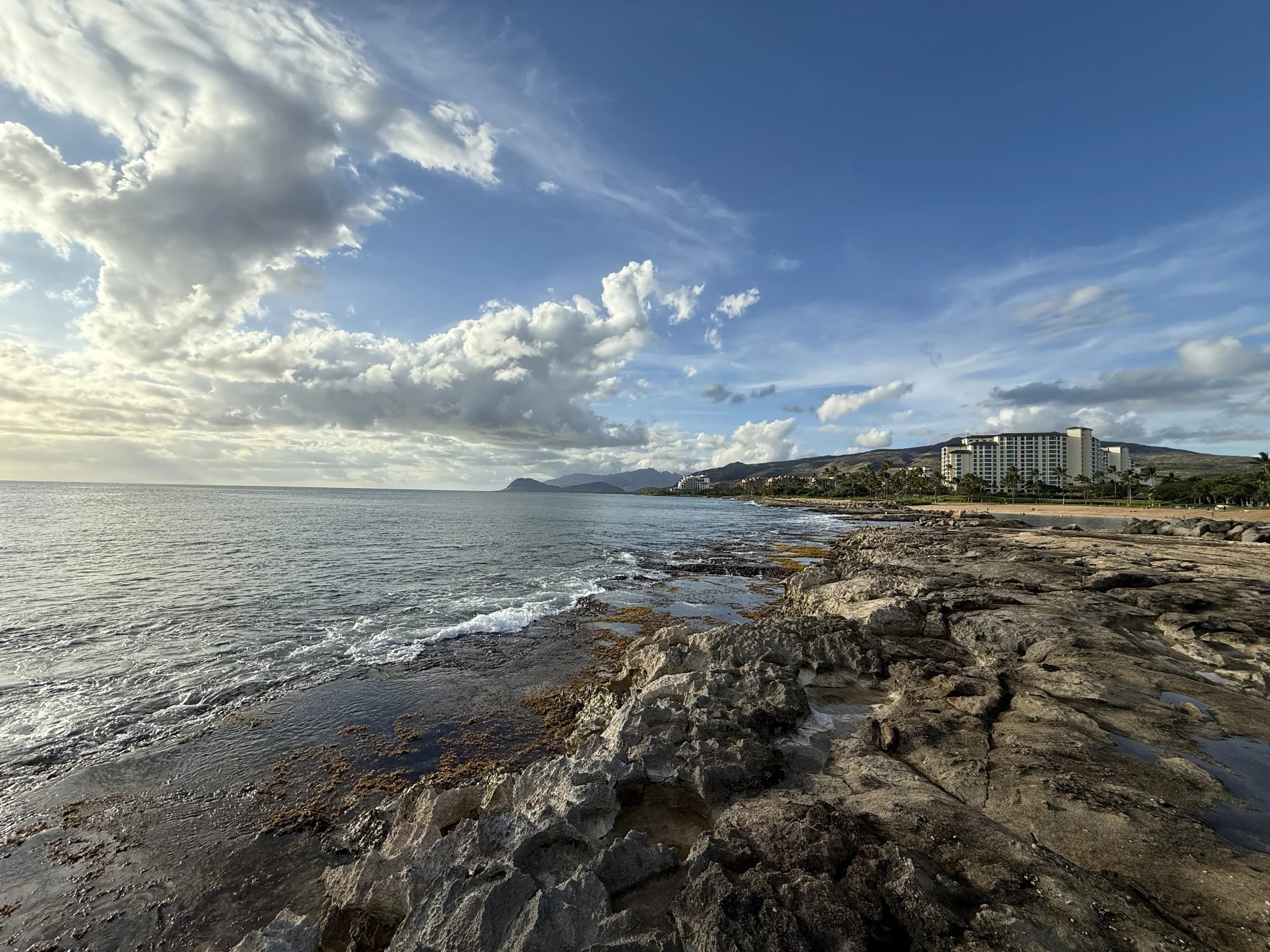 Rocky coastline meeting the sea under a cloudy sky